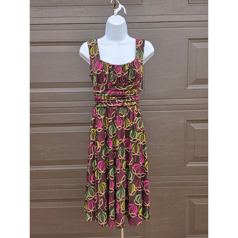 Maggy London Y2K Retro Floral Pod Print Ruched Empire Waist Midi Dress Brown 6